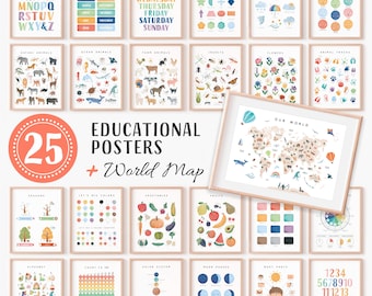 May include: A collection of 25 educational posters and a world map, each framed in light wood. The posters cover various topics, including the alphabet, shapes, animals, and the solar system. The central poster displays the text "EDUCATIONAL POSTERS + World Map".