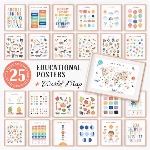 Set of 25 Educational Posters, Montessori Classroom Decor, Toddler Playroom, Rainbow Nursery Prints, Homeschool Art, Digital Download N25