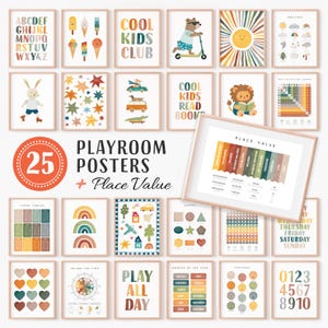 May include: A collection of 25 educational wall posters in light wood frames featuring colorful illustrations of the alphabet, weather, shapes, numbers, and place value charts with text including Cool Kids Club and Play All Day.