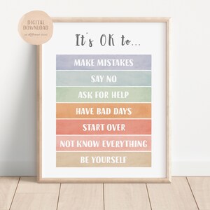 Puede incluir: Un p&oacute;ster de arte de pared imprimible con un fondo de acuarela en tonos de azul, verde, naranja y rosa. El p&oacute;ster tiene el texto "It's OK to..." y una lista de frases que incluyen "Make Mistakes", "Say No", "Ask for Help", "Have Bad Days", "Start Over", "Not Know Everything" y "Be Yourself".
