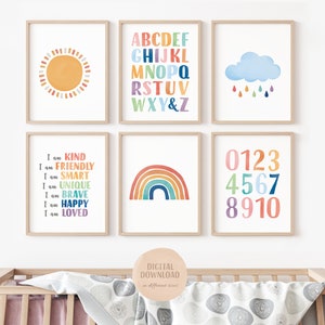 Set Of 6 Educational Posters, Rainbow Alphabet, Homeschool Prints, Toddler Playroom Decor, Watercolor Numbers Print, Digital Download