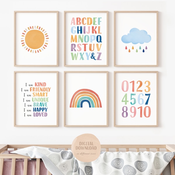 Set von 6 Lernpostern, Regenbogen Alphabet, Kinderzimmer Dekor, Kinderzimmer Dekor, Aquarell Zahlen, digitaler Download