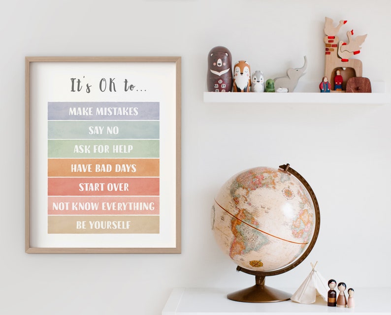 Puede incluir: Una impresi&oacute;n enmarcada con un fondo de acuarela y el texto "It's OK to..." seguido de una lista de afirmaciones positivas: "Make Mistakes", "Say No", "Ask for Help", "Have Bad Days", "Start Over", "Not Know Everything", y "Be Yourself".
