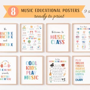 May include: Eight framed music educational posters with colourful text and illustrations. The posters include phrases like "Practice," "Music Class," and "Cool Kids Play Music." The top banner reads "8 Music Educational Posters ready to print."