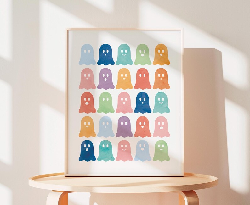 Rainbow Ghost Poster, Halloween Nursery Print, Cute Ghost Baby Playroom, Rainbow Boo Print, Seasonal Prints, Spooky Season, DIGITAL DOWNLOAD.
