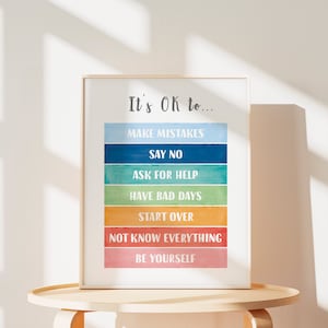 Op de afbeelding: Een ingelijst print met een kleurrijk aquarelontwerp en de tekst "It's OK to..." gevolgd door een lijst met positieve affirmaties: "Make Mistakes", "Say No", "Ask for Help", "Have Bad Days", "Start Over", "Not Know Everything", en "Be Yourself".