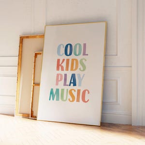 Rainbow typography music wall art poster reading cool kids play music for kids music room or classroom decor