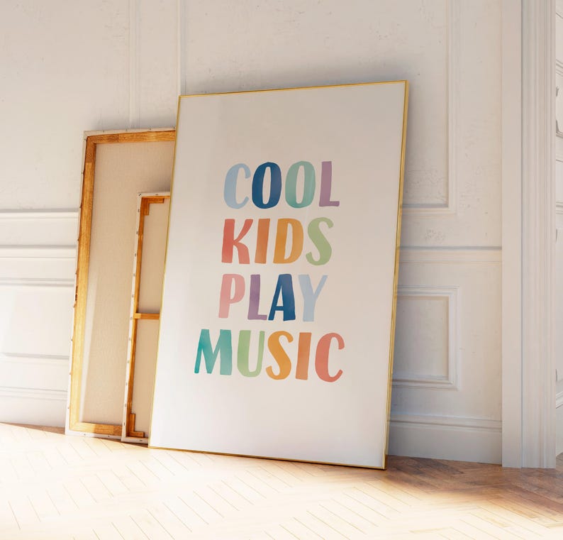 Rainbow typography music wall art poster reading cool kids play music for kids music room or classroom decor