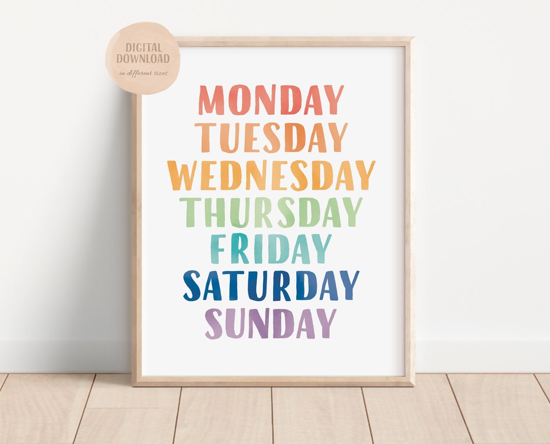 Rainbow Days of the Week, Playroom Educational Poster, Rainbow Nursery ...