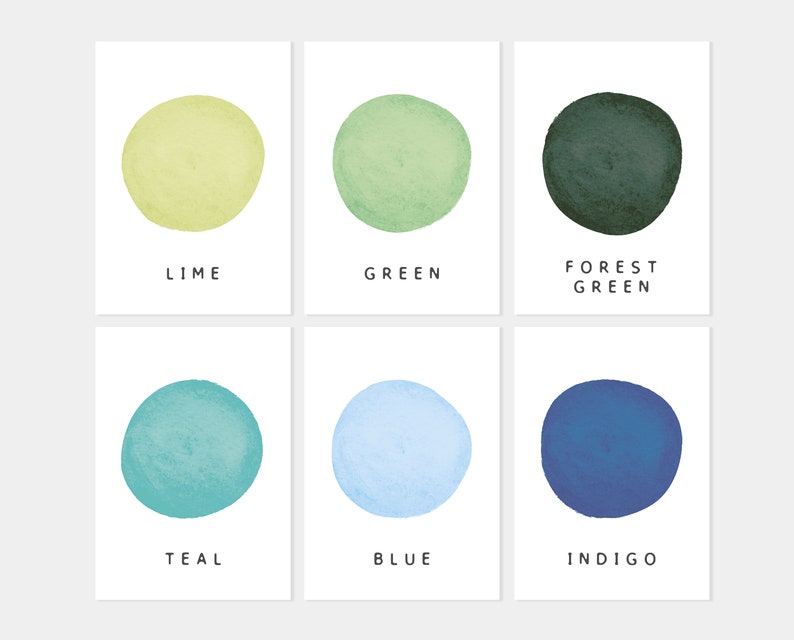 May include: Six watercolour swatches on white cards, each with a different colour and name: lime, green, forest green, teal, blue, indigo.