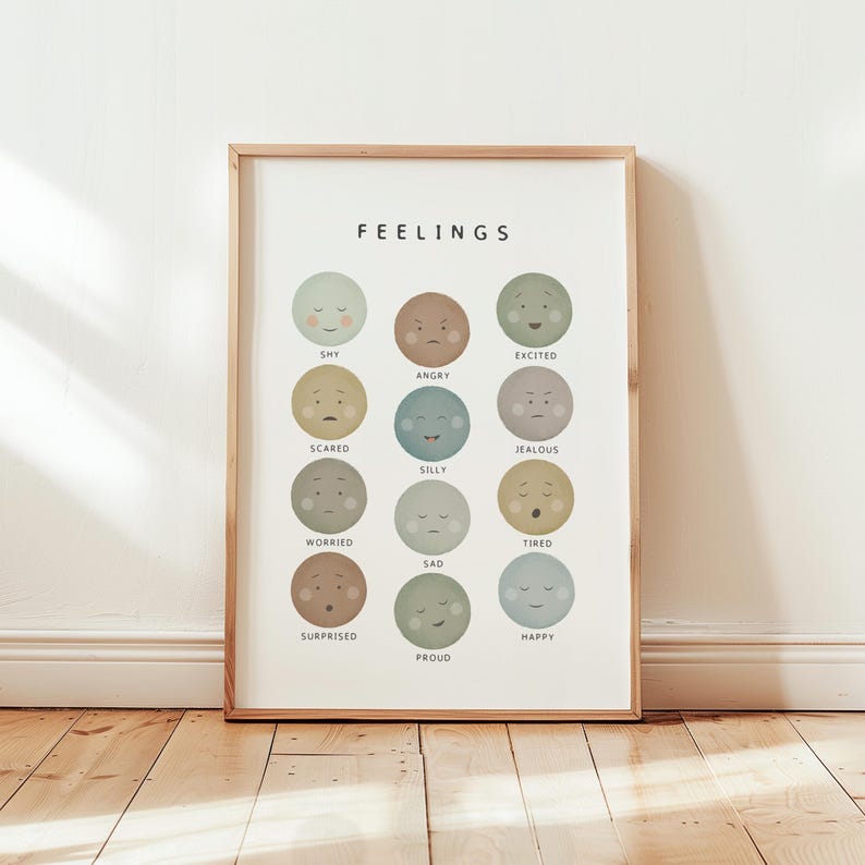 Feelings Chart Poster for Kids, Emotions Faces Art, Neutral Earth Tones Nursery Print, Social Emotional Learning Chart, Digital Download image 2
