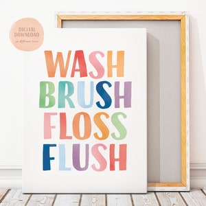 Plakat Wash Brush Floss Flush, plakat do łazienki, drukowana sztuka ścienna, sztuka edukacyjna, dekoracja pokoju dziecięcego, plakat Bathroom Rules, CYFROWE POBIERANIE