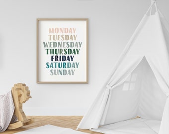 Poster Giorni Della Settimana Per Bambini - Set Di 2 Stampe Su Tela Per Asilo E Cameretta, 30x40cm