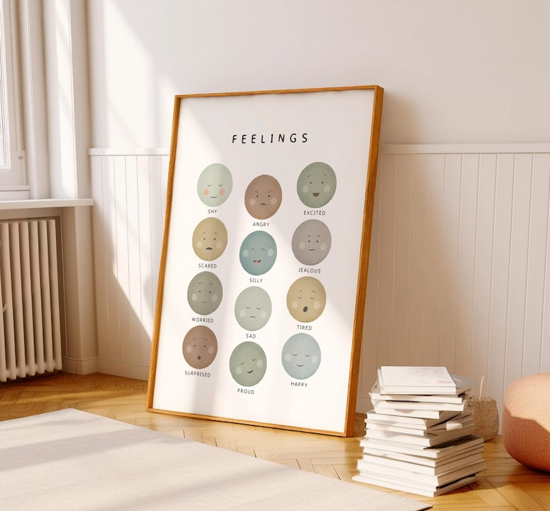 Feelings Chart Poster for Kids, Emotions Faces Art, Neutral Earth Tones Nursery Print, Social Emotional Learning Chart, Digital Download image 3