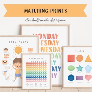 May include: Set of five printable educational posters for children. The posters feature colourful illustrations of body parts, days of the week, shapes, and a number chart for counting to 100. The posters are framed in light wood.