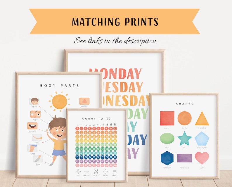 May include: Set of five printable educational posters for children. The posters feature colourful illustrations of body parts, days of the week, shapes, and a number chart for counting to 100. The posters are framed in light wood.