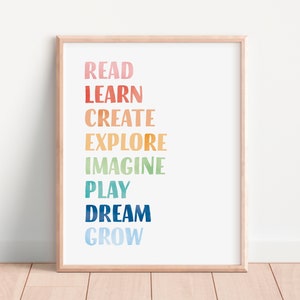 Play All Day, Let's read, let's play, nursery wall decor, rainbow playroom wall art baby room decor, classroom posters, teacher printable, educational poster.