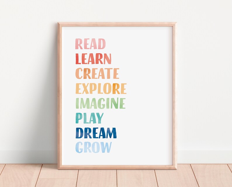 Play All Day, Let's read, let's play, nursery wall decor, rainbow playroom wall art baby room decor, classroom posters, teacher printable, educational poster.