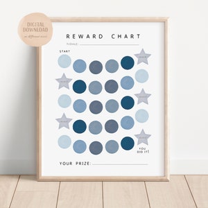 May include: A blue and gray reward chart with a grid of circles and stars. The chart has the text "REWARD CHART", "NAME:", "START", "YOU DID IT!" and "YOUR PRIZE:".