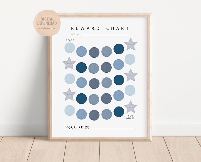 May include: A blue and gray reward chart with a grid of circles and stars. The chart has the text "REWARD CHART", "NAME:", "START", "YOU DID IT!" and "YOUR PRIZE:".