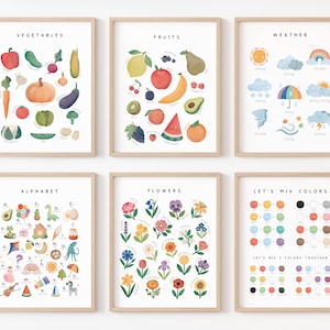 Set of 25 Educational Posters, Montessori Classroom Decor, Toddler Playroom, Rainbow Nursery Prints, Homeschool Art, Digital Download, Rainbow ABC Print, Alphabet Poster, Body Parts, Colors Learning Poster, Count to 100 Print, World Map For Kids, Moon Phases, Telling the Time, Feelings Poster, Watercolor Shapes Poster, Insects Poster, Safari Animals, Rainforest Animals, Farm Animals, Rainbow Numbers Poster.