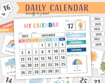 Daily Kids Calendar, Homeschool Wall Calendar, Perpetual Calendar, Montessori Materials, Classroom Calendar, Instant Download