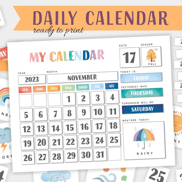 Daily Kids Calendar, Homeschool Wall Calendar, Perpetual Calendar, Montessori Materials, Classroom Calendar, Instant Download