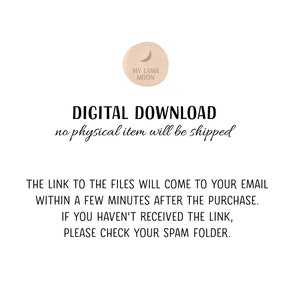 K&ouml;nnte beinhalten: Digitaler Download-Text mit einer Grafik eines zunehmenden Mondes und den Worten "My Lama Moon". Der Text lautet "DIGITALER DOWNLOAD kein physischer Artikel wird versandt. DER LINK ZU DEN DATEIEN WIRD INNERHALB WENIGER MINUTEN NACH DEM KAUF AN DEINE E-MAIL-ADRESSE GESENDET. SOLLTEST DU DEN LINK NICHT ERHALTEN HABEN, BITTE PR&Uuml;FE DEINEN SPAM-ORDNER."