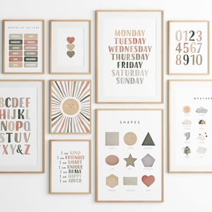 Boho Classroom Decor Bundle, Set Of 9 Educational Posters, Boho Alphabet Poster, Neutral Kids Decor, Classroom Decor, Digital Download