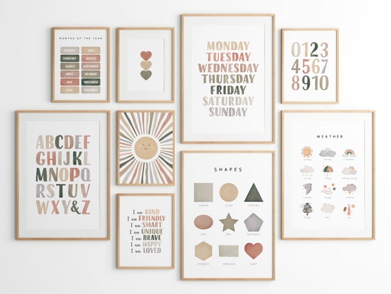 Boho Classroom Decor Bundle, Set Of 9 Educational Posters, Boho Alphabet Poster, Neutral Kids Decor, Classroom Decor, Digital Download