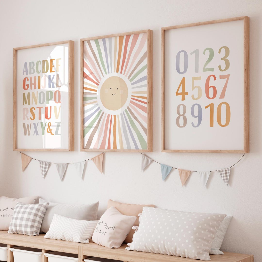 Set of 3 Boho Nursery Posters, Pastel Playroom Prints, Nursery Sun
