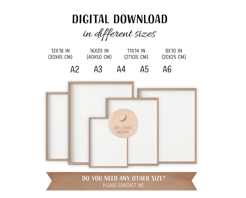 May include: Digital download of a printable art print featuring a llama and moon design. The image shows the print in different sizes, including 12x18 inches, 16x20 inches, 11x14 inches, and 8x10 inches.