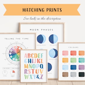 Pode incluir: Um conjunto de impress&otilde;es educativas emolduradas. As impress&otilde;es incluem um mostrador de rel&oacute;gio colorido, um alfabeto, fases da lua e uma tabela de cores. O texto "MATCHING PRINTS" &eacute; exibido no topo.