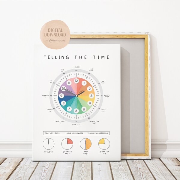 Poster Telling The Time, Time Printables, Rainbow Playroom Decor, Poster educativo per bambini, Download digitale