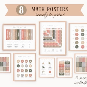 Conjunto de matemáticas de 8 carteles, paquete educativo de matemáticas, decoración del aula de matemáticas, aprendizaje de matemáticas, cuadrado de multiplicación, tablas de multiplicar, descarga digital