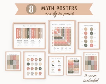 Math Set of 8 Posters, Math Educational Bundle, Math Classroom Decor, Math Learning, Multiplication Square, Times Tables, Digital Download