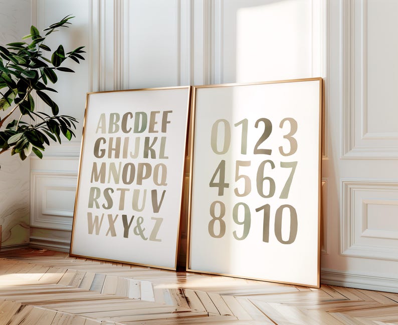 Educational Posters, Green Alphabet Poster, Watercolor Numbers Print, Playroom Posters, Nursery Wall Decor, Homeschooling, Digital Download