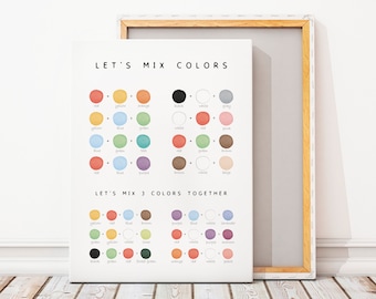May include: A printable chart with the text "Let's Mix Colors" and "Let's Mix 3 Colors Together". The chart shows different color combinations and the resulting color when mixed together. The colors are represented by circles.