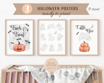 Set of 3 Halloween Posters, Little Boo Print, Pumpkin Print, Fall Wall Art, Halloween Pumpkin, Fall Decor, DIGITAL DOWNLOAD