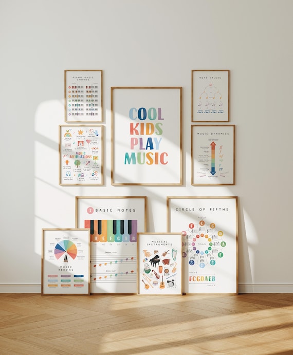 Set of 9 Music Educational Posters, Music Theory Art, Piano Notes, Circle of Fifths, Rainbow Music Classroom Decor, Digital Download N65