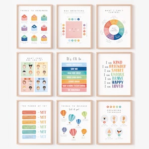 May include: Nine colorful printable posters with positive affirmations and coping skills for children. The posters feature illustrations of envelopes, a breathing box, a pie chart, a zone chart, hot air balloons, and hands.