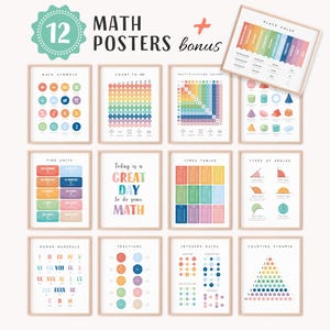 May include: A set of 12 framed educational math posters, with a bonus poster. The posters display colourful charts covering topics like time units, fractions, and multiplication. The text "Today is a GREAT DAY to do some MATH" is visible.