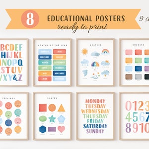 Lot de 8 affiches éducatives, lot de décorations Montessori pour salle de classe, décoration murale arc-en-ciel pour chambre d'enfant, salle de jeux pour tout-petits, école à la maison, téléchargement numérique