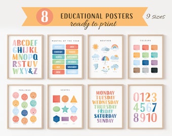 Set Of Educational Posters, 8 Homeschool Prints, Montessori Classroom Decor, Rainbow Kids Decor, Toddler Playroom Decor, Digital Download