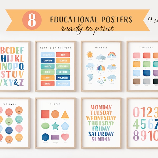 Set Of Educational Posters, 8 Homeschool Prints, Montessori Classroom Decor, Rainbow Kids Decor, Toddler Playroom Decor, Digital Download