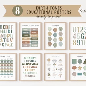 Ensemble d'affiches éducatives, 8 impressions d'école à la maison, décor de salle de classe Montessori, décor d'enfants de tons de terre, salle de jeux pour tout-petits, téléchargement numérique