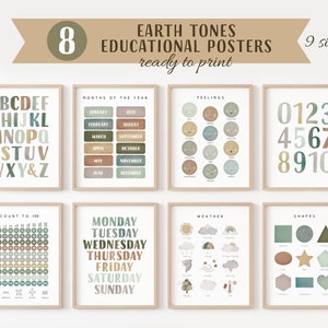 Set Of Educational Posters, 8 Homeschool Prints, Montessori Classroom Decor, Earth Tones Kids Decor, Toddler Playroom, Digital Download image 1