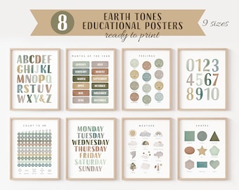 Set Of Educational Posters, 8 Homeschool Prints, Montessori Classroom Decor, Earth Tones Kids Decor, Toddler Playroom, Digital Download