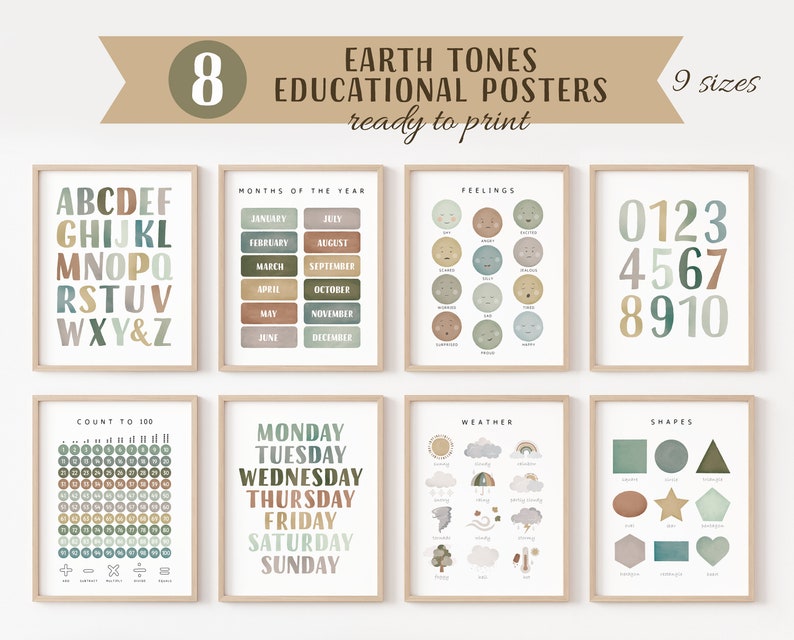 Set Of Educational Posters, 8 Homeschool Prints, Montessori Classroom Decor, Earth Tones Kids Decor, Toddler Playroom, Digital Download image 1