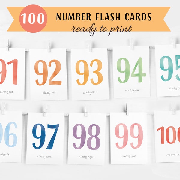 Cartes Flash numérotées 1-100, compter jusqu'à 100, cartes Flash de comptage préscolaire, cartes numériques 1-100, cartes Flash Montessori, téléchargement immédiat